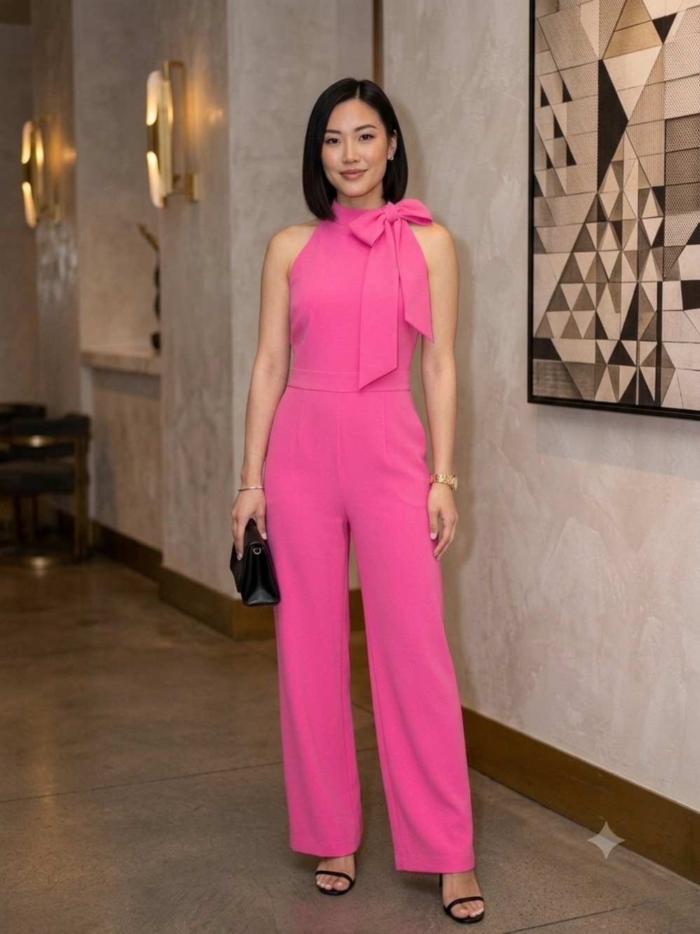 NWT Vince Camuto Bow Tie Mock Neck Stretch Crepe Jumpsuit Hot Pink Size 12⁠